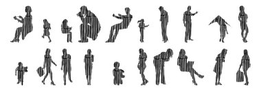 Vektör siluetleri, insanların ana hatları, Contour çizimleri, insanların siluetleri, ikon kümesi izole edilmiş, oturan insanların silueti, mimari set