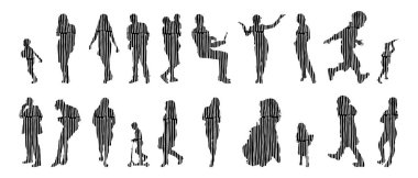 Vektör siluetleri, insanların ana hatları, Contour çizimleri, insanların siluetleri, ikon kümesi izole edilmiş, oturan insanların silueti, mimari set