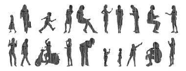 Vektör siluetleri, insanların ana hatları, Contour çizimleri, insanların siluetleri, ikon kümesi izole edilmiş, oturan insanların silueti, mimari set