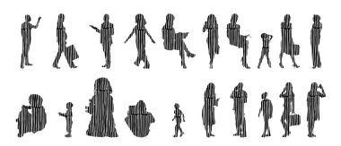 Vektör siluetleri, insanların ana hatları, Contour çizimleri, insanların siluetleri, ikon kümesi izole edilmiş, oturan insanların silueti, mimari set