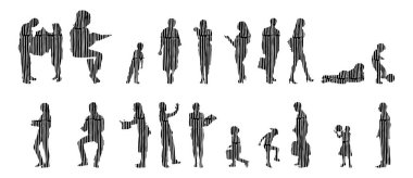 Vektör siluetleri, insanların ana hatları, Contour çizimleri, insanların siluetleri, ikon kümesi izole edilmiş, oturan insanların silueti, mimari set