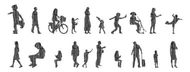 Vektör siluetleri, insanların ana hatları, Contour çizimleri, insanların siluetleri, ikon kümesi izole edilmiş, oturan insanların silueti, mimari set