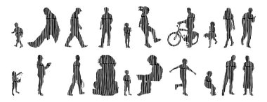 Vektör siluetleri, insanların ana hatları, Contour çizimleri, insanların siluetleri, ikon kümesi izole edilmiş, oturan insanların silueti, mimari set
