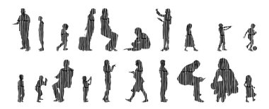 Vektör siluetleri, insanların ana hatları, Contour çizimleri, insanların siluetleri, ikon kümesi izole edilmiş, oturan insanların silueti, mimari set