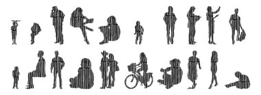 Vektör siluetleri, insanların ana hatları, Contour çizimleri, insanların siluetleri, ikon kümesi izole edilmiş, oturan insanların silueti, mimari set