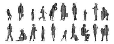 Vektör siluetleri, insanların ana hatları, Contour çizimleri, insanların siluetleri, ikon kümesi izole edilmiş, oturan insanların silueti, mimari set