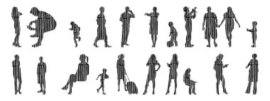 Vektör siluetleri, insanların ana hatları, Contour çizimleri, insanların siluetleri, ikon kümesi izole edilmiş, oturan insanların silueti, mimari set