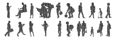 Vektör siluetleri, insanların ana hatları, Contour çizimleri, insanların siluetleri, ikon kümesi izole edilmiş, oturan insanların silueti, mimari set