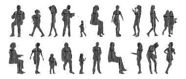 Vektör siluetleri, insanların ana hatları, Contour çizimleri, insanların siluetleri, ikon kümesi izole edilmiş, oturan insanların silueti, mimari set