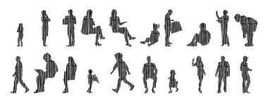 Vektör siluetleri, insanların ana hatları, Contour çizimleri, insanların siluetleri, ikon kümesi izole edilmiş, oturan insanların silueti, mimari set