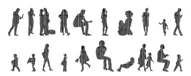 Vektör siluetleri, insanların ana hatları, Contour çizimleri, insanların siluetleri, ikon kümesi izole edilmiş, oturan insanların silueti, mimari set