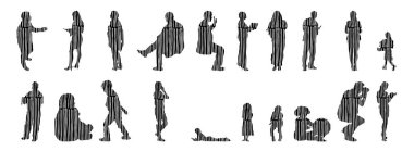 Vektör siluetleri, insanların ana hatları, Contour çizimleri, insanların siluetleri, ikon kümesi izole edilmiş, oturan insanların silueti, mimari set