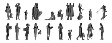 Vektör siluetleri, insanların ana hatları, Contour çizimleri, insanların siluetleri, ikon kümesi izole edilmiş, oturan insanların silueti, mimari set