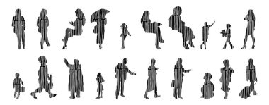 Vektör siluetleri, insanların ana hatları, Contour çizimleri, insanların siluetleri, ikon kümesi izole edilmiş, oturan insanların silueti, mimari set