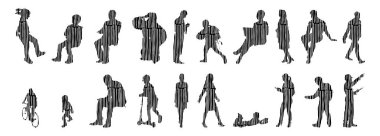 Vektör siluetleri, insanların ana hatları, Contour çizimleri, insanların siluetleri, ikon kümesi izole edilmiş, oturan insanların silueti, mimari set