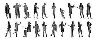 Vektör siluetleri, insanların ana hatları, Contour çizimleri, insanların siluetleri, ikon kümesi izole edilmiş, oturan insanların silueti, mimari set