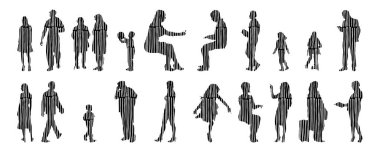 Vektör siluetleri, insanların ana hatları, Contour çizimleri, insanların siluetleri, ikon kümesi izole edilmiş, oturan insanların silueti, mimari set