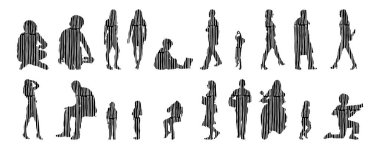 Vektör siluetleri, insanların ana hatları, Contour çizimleri, insanların siluetleri, ikon kümesi izole edilmiş, oturan insanların silueti, mimari set