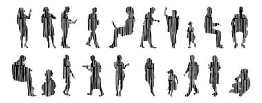 Vektör siluetleri, insanların ana hatları, Contour çizimleri, insanların siluetleri, ikon kümesi izole edilmiş, oturan insanların silueti, mimari set