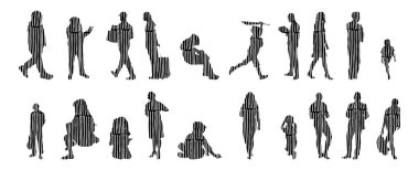 Vektör siluetleri, insanların ana hatları, Contour çizimleri, insanların siluetleri, ikon kümesi izole edilmiş, oturan insanların silueti, mimari set