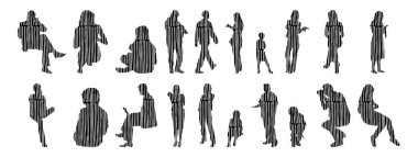 Vektör siluetleri, insanların ana hatları, Contour çizimleri, insanların siluetleri, ikon kümesi izole edilmiş, oturan insanların silueti, mimari set