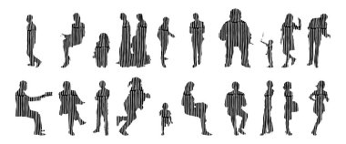 Vektör siluetleri, insanların ana hatları, Contour çizimleri, insanların siluetleri, ikon kümesi izole edilmiş, oturan insanların silueti, mimari set