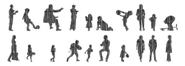 Vektör siluetleri, insanların ana hatları, Contour çizimleri, insanların siluetleri, ikon kümesi izole edilmiş, oturan insanların silueti, mimari set