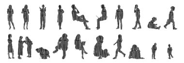 Vektör siluetleri, insanların ana hatları, Contour çizimleri, insanların siluetleri, ikon kümesi izole edilmiş, oturan insanların silueti, mimari set