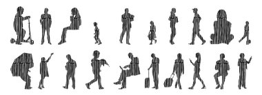 Vektör siluetleri, insanların ana hatları, Contour çizimleri, insanların siluetleri, ikon kümesi izole edilmiş, oturan insanların silueti, mimari set