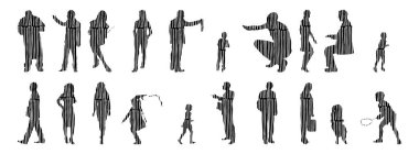 Vektör siluetleri, insanların ana hatları, Contour çizimleri, insanların siluetleri, ikon kümesi izole edilmiş, oturan insanların silueti, mimari set