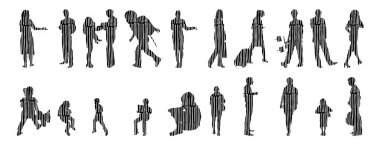 Vektör siluetleri, insanların ana hatları, Contour çizimleri, insanların siluetleri, ikon kümesi izole edilmiş, oturan insanların silueti, mimari set