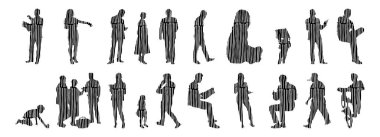 Vektör siluetleri, insanların ana hatları, Contour çizimleri, insanların siluetleri, ikon kümesi izole edilmiş, oturan insanların silueti, mimari set