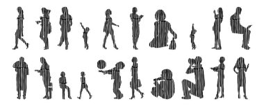 Vektör siluetleri, insanların ana hatları, Contour çizimleri, insanların siluetleri, ikon kümesi izole edilmiş, oturan insanların silueti, mimari set