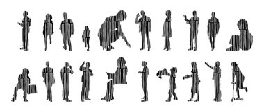 Vektör siluetleri, insanların ana hatları, Contour çizimleri, insanların siluetleri, ikon kümesi izole edilmiş, oturan insanların silueti, mimari set