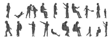 Vektör siluetleri, insanların ana hatları, Contour çizimleri, insanların siluetleri, ikon kümesi izole edilmiş, oturan insanların silueti, mimari set