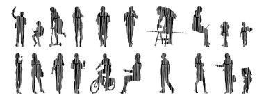 Vektör siluetleri, insanların ana hatları, Contour çizimleri, insanların siluetleri, ikon kümesi izole edilmiş, oturan insanların silueti, mimari set