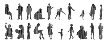 Vektör siluetleri, insanların ana hatları, Contour çizimleri, insanların siluetleri, ikon kümesi izole edilmiş, oturan insanların silueti, mimari set