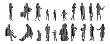 Vektör siluetleri, insanların ana hatları, Contour çizimleri, insanların siluetleri, ikon kümesi izole edilmiş, oturan insanların silueti, mimari set