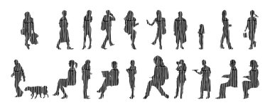 Vektör siluetleri, insanların ana hatları, Contour çizimleri, insanların siluetleri, ikon kümesi izole edilmiş, oturan insanların silueti, mimari set