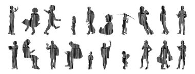 Vektör siluetleri, insanların ana hatları, Contour çizimleri, insanların siluetleri, ikon kümesi izole edilmiş, oturan insanların silueti, mimari set