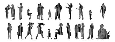 Vektör siluetleri, insanların ana hatları, Contour çizimleri, insanların siluetleri, ikon kümesi izole edilmiş, oturan insanların silueti, mimari set