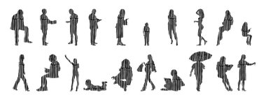 Vektör siluetleri, insanların ana hatları, Contour çizimleri, insanların siluetleri, ikon kümesi izole edilmiş, oturan insanların silueti, mimari set