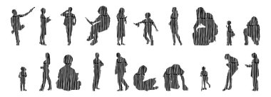 Vektör siluetleri, insanların ana hatları, Contour çizimleri, insanların siluetleri, ikon kümesi izole edilmiş, oturan insanların silueti, mimari set