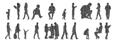 Vektör siluetleri, insanların ana hatları, Contour çizimleri, insanların siluetleri, ikon kümesi izole edilmiş, oturan insanların silueti, mimari set