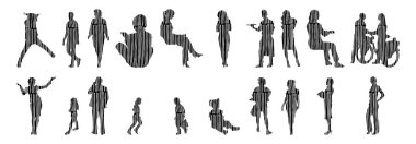 Vektör siluetleri, insanların ana hatları, Contour çizimleri, insanların siluetleri, ikon kümesi izole edilmiş, oturan insanların silueti, mimari set