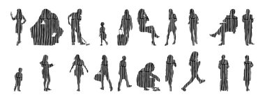 Vektör siluetleri, insanların ana hatları, Contour çizimleri, insanların siluetleri, ikon kümesi izole edilmiş, oturan insanların silueti, mimari set