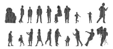 Vektör siluetleri, insanların ana hatları, Contour çizimleri, insanların siluetleri, ikon kümesi izole edilmiş, oturan insanların silueti, mimari set