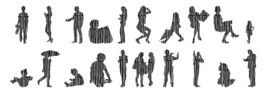 Vektör siluetleri, insanların ana hatları, Contour çizimleri, insanların siluetleri, ikon kümesi izole edilmiş, oturan insanların silueti, mimari set