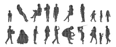 Vektör siluetleri, insanların ana hatları, Contour çizimleri, insanların siluetleri, ikon kümesi izole edilmiş, oturan insanların silueti, mimari set