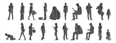 Vektör siluetleri, insanların ana hatları, Contour çizimleri, insanların siluetleri, ikon kümesi izole edilmiş, oturan insanların silueti, mimari set